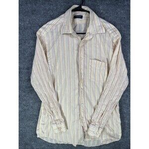 Canali Italy Cotton Hemp Shirt Men Large Striped Long Sleeve Luxury Casual